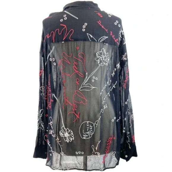 ALLSAINTS NWOT SM KYRA GRAFF SHIRT SHEER GRAFFITI BUTTON FRONT BLACK RED WHITE - Picture 7 of 7